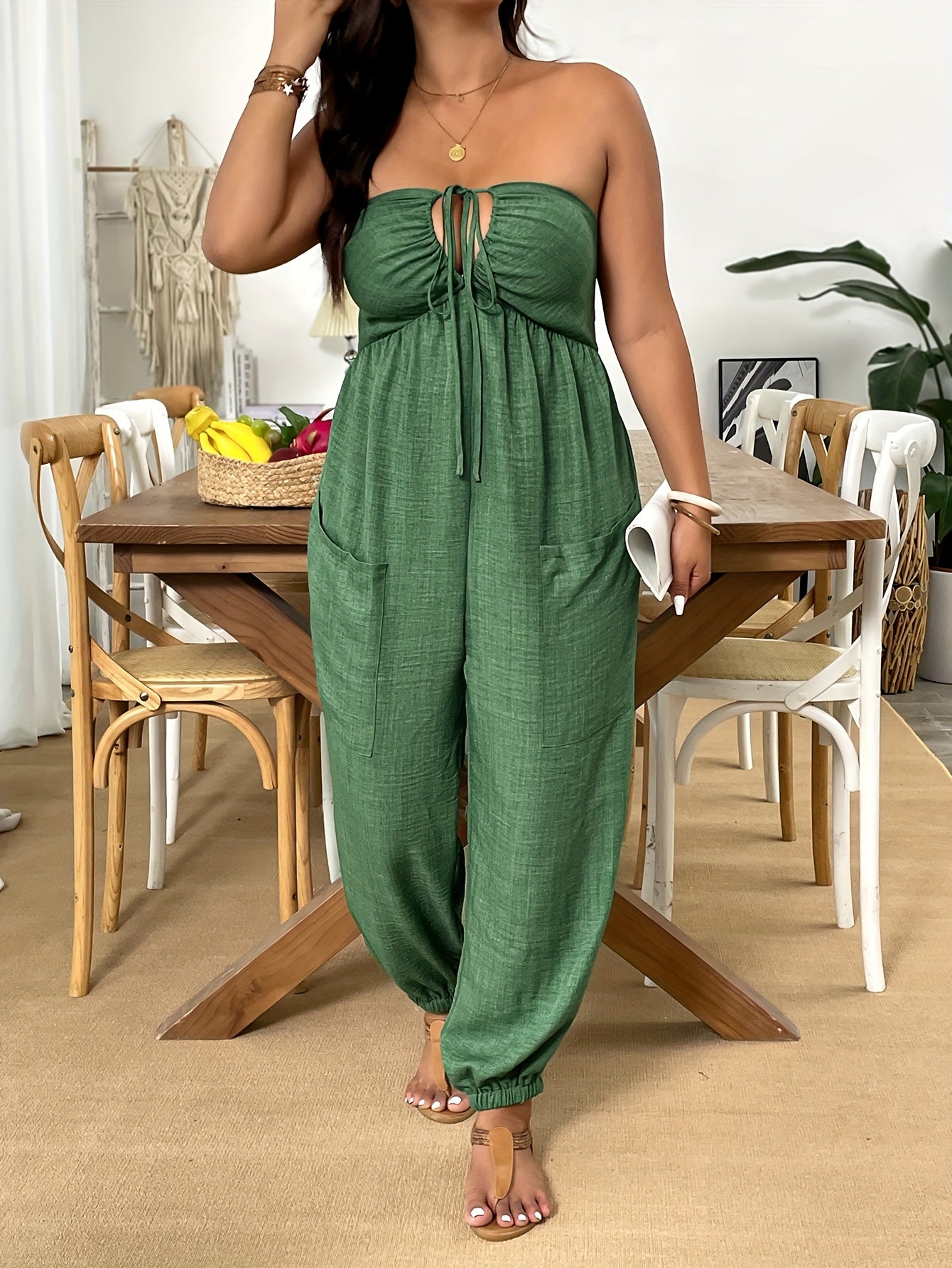 Women's Green Plus Size V-Neck Halter Jumpsuit with Pockets