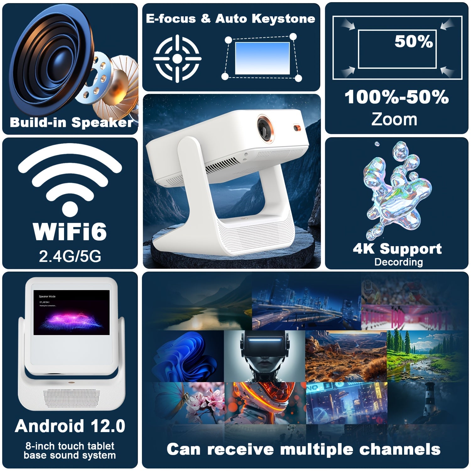 Умный 4K домашний кинотеатр проектор с 8-дюйковым сенсорным экраном WiFi6 автофокус