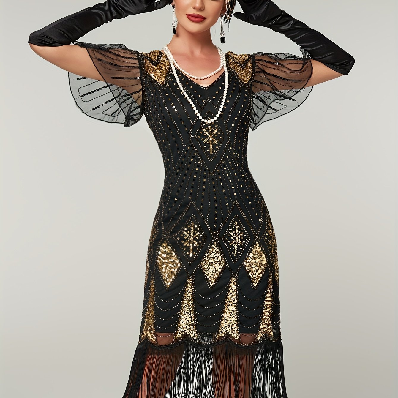 Women's Sequin Fringe Flapper Dress V-Neck Cocktail Gown Evening Wear