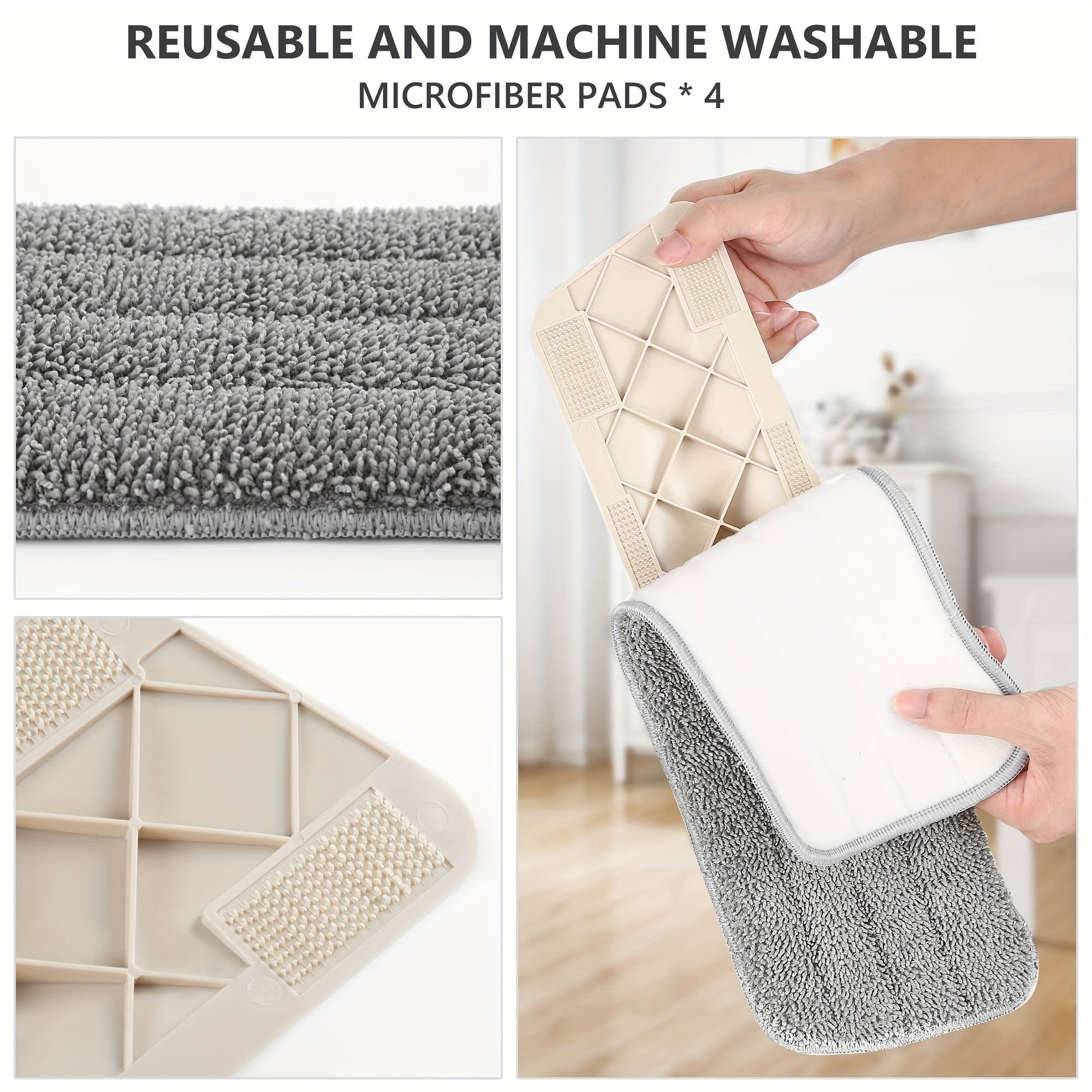 Ko'p funksiyali purkagich mopu qayta ishlatiladigan shisha va 4 ta mikro tolali pad bilan - Yog'och, laminat va keramika pollarni tozalash uchun ajoyib - Uy va tijorat muhitlari uchun mukammal