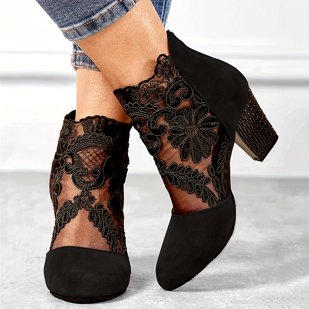 Women's Black Lace Ankle Boots with Floral Pattern, Chunky Heel, Back Zip