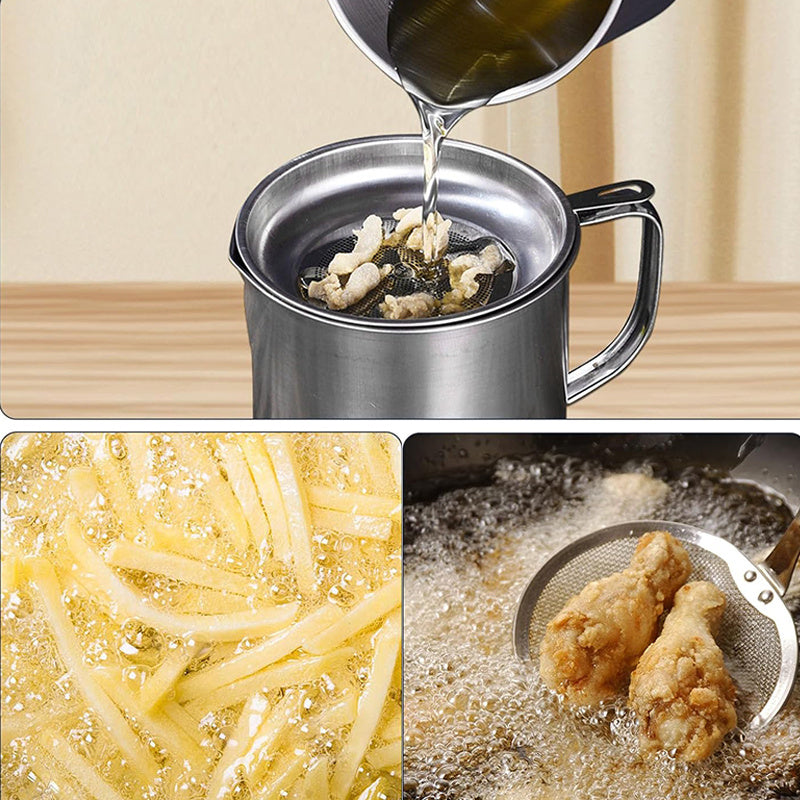 Stainless Steel Oil Storage Container with Strainer 43.96oz Kitchen Filtration Pot