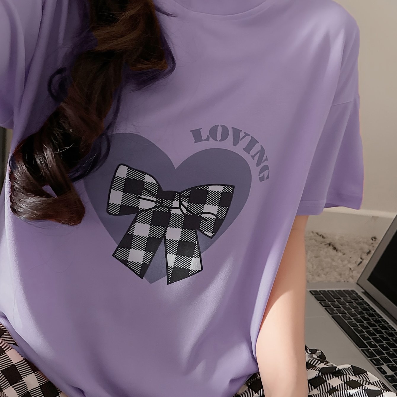 Women's Plus Size Pajama Set Light Purple Heart Checkered Lounge Wear