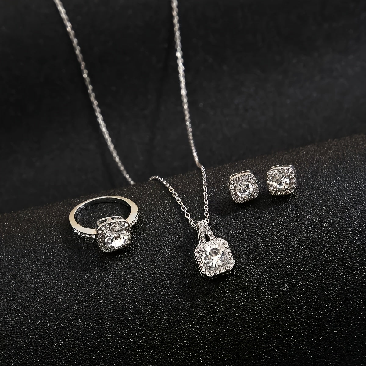 Women's Jewelry Set with Square Synthetic Zirconia Earrings Ring and Necklace Elegant Luxury Gift