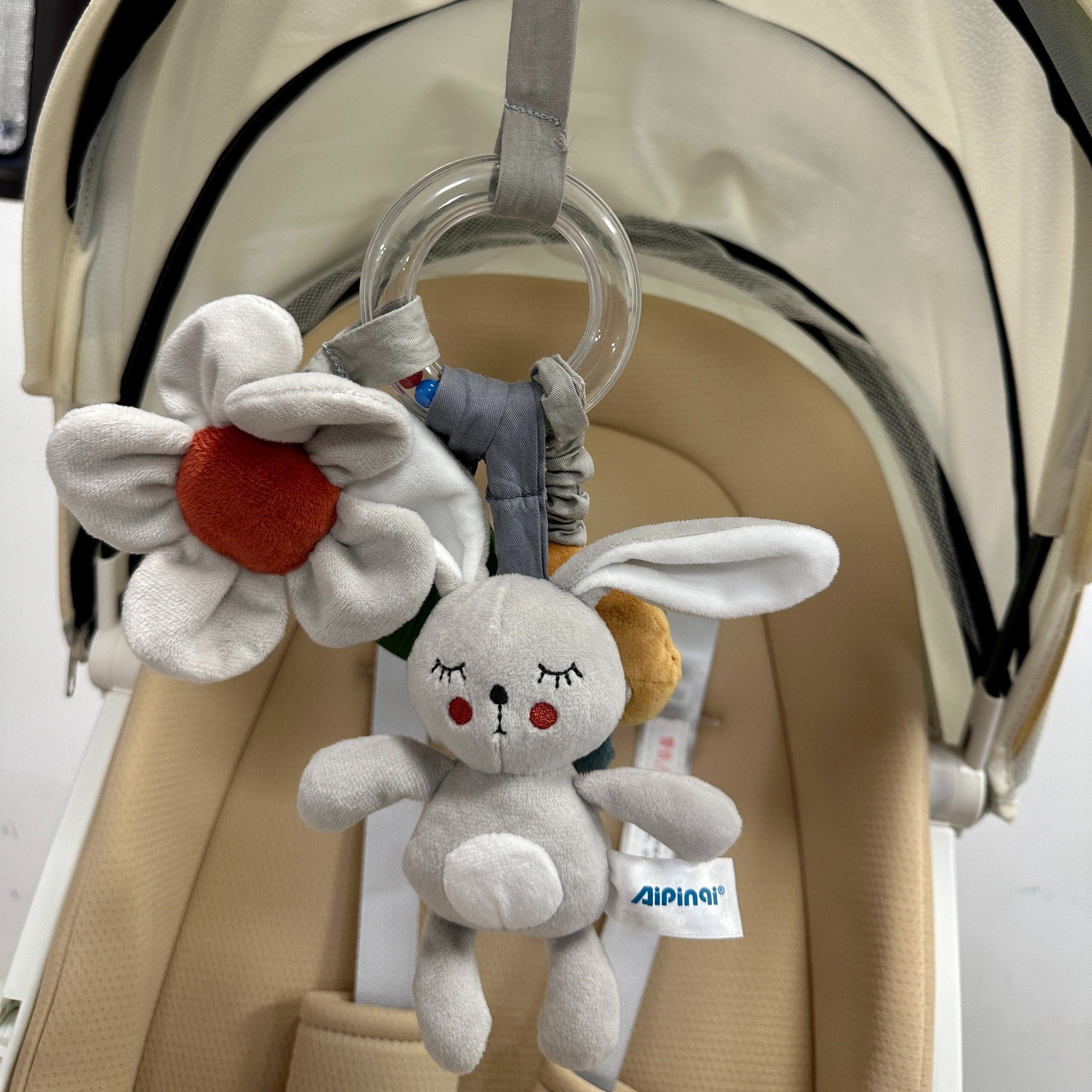 Baby Car Seat Toy Plush Mobile with Mirror Teething Ring Textured Beads for Stroller and Crib