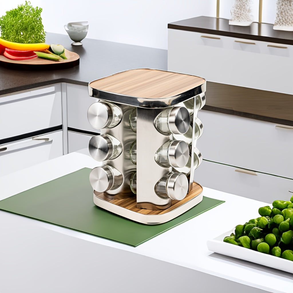 Stainless Steel Spice Rack Set with Glass Jars, Rotating Base, 12 Pieces