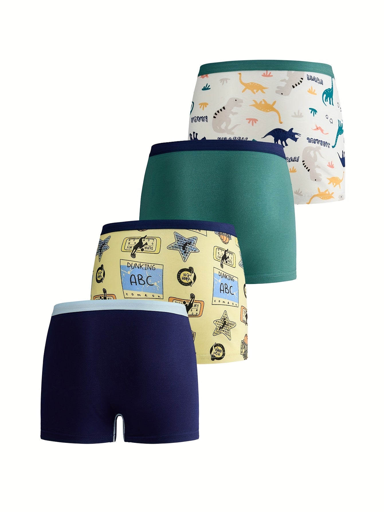 4-Pack Boys' Cotton Boxer Briefs with Cartoon Dinosaur and Basketball Prints All-Season Knit Fabric Regular Fit