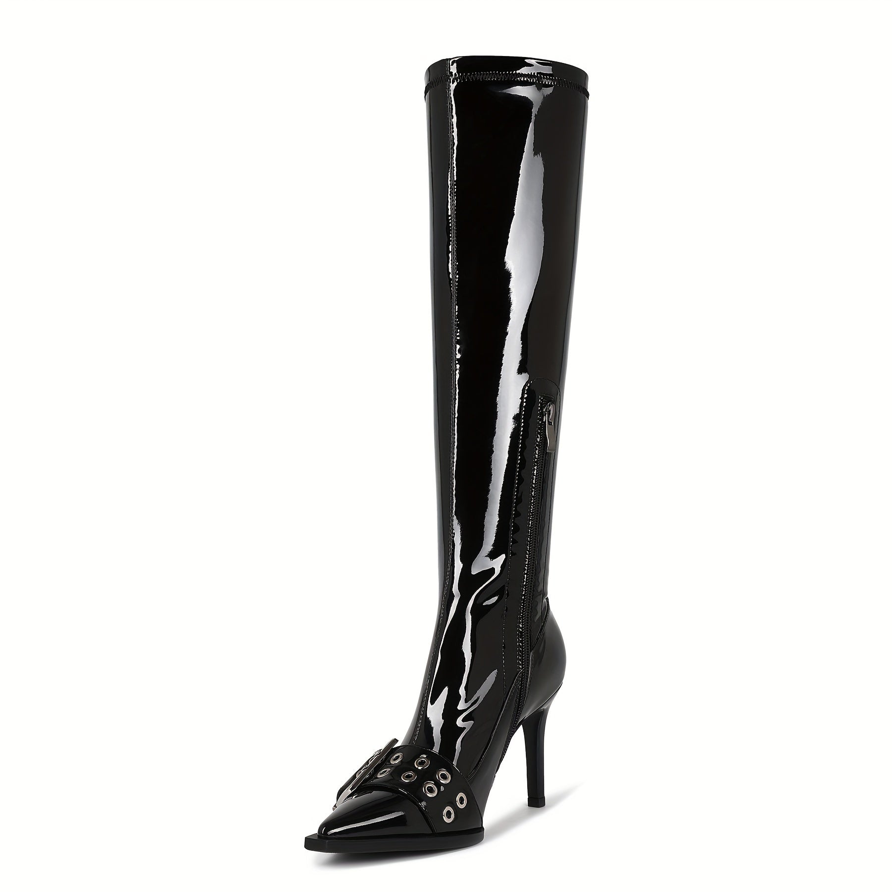 Women's Knee-High Patent Leather Stiletto Boots with Zipper and Buckle