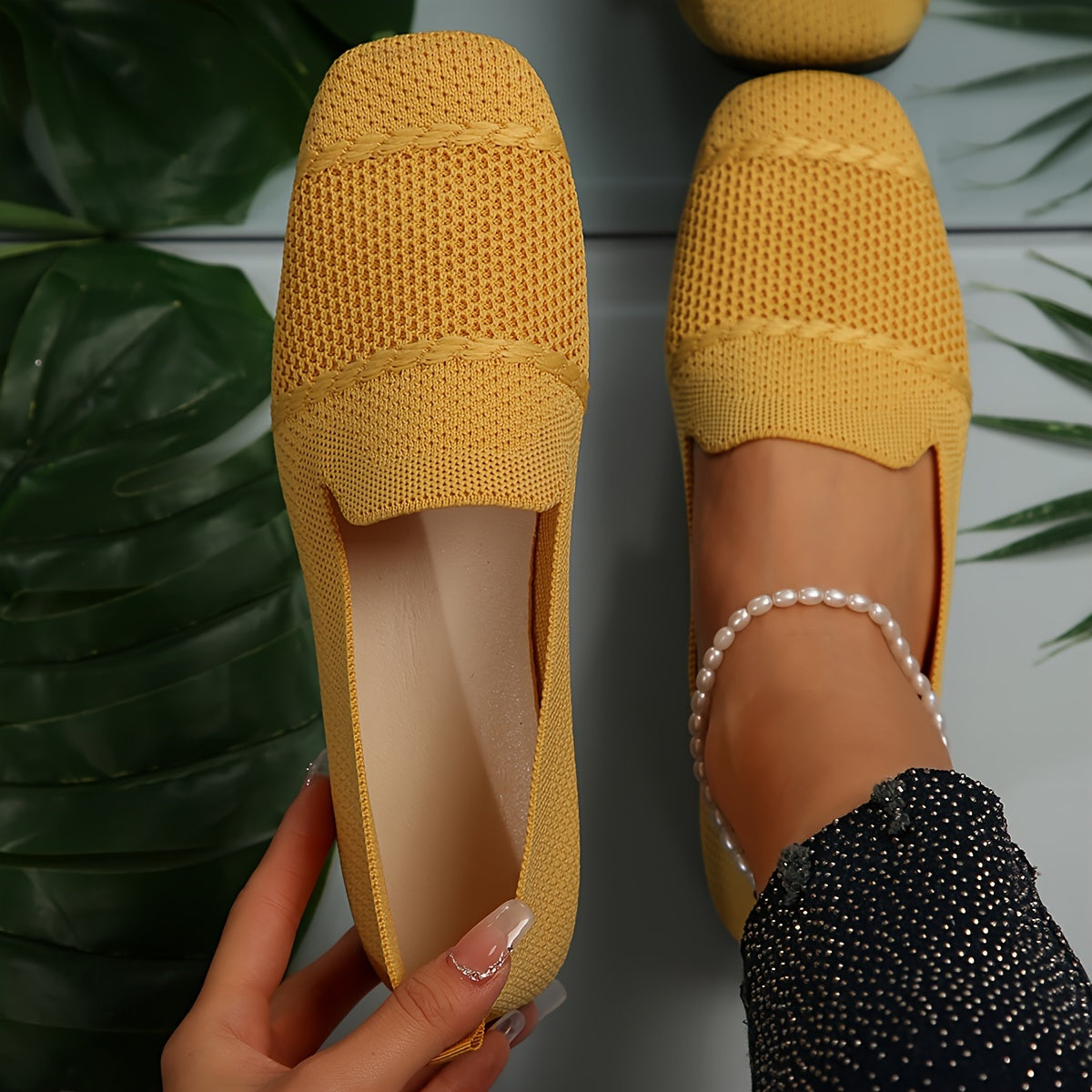 Zapatos de mujer sin cordones con tela de punto transpirable, ligeros, punta cuadrada, para todas las estaciones, ballet