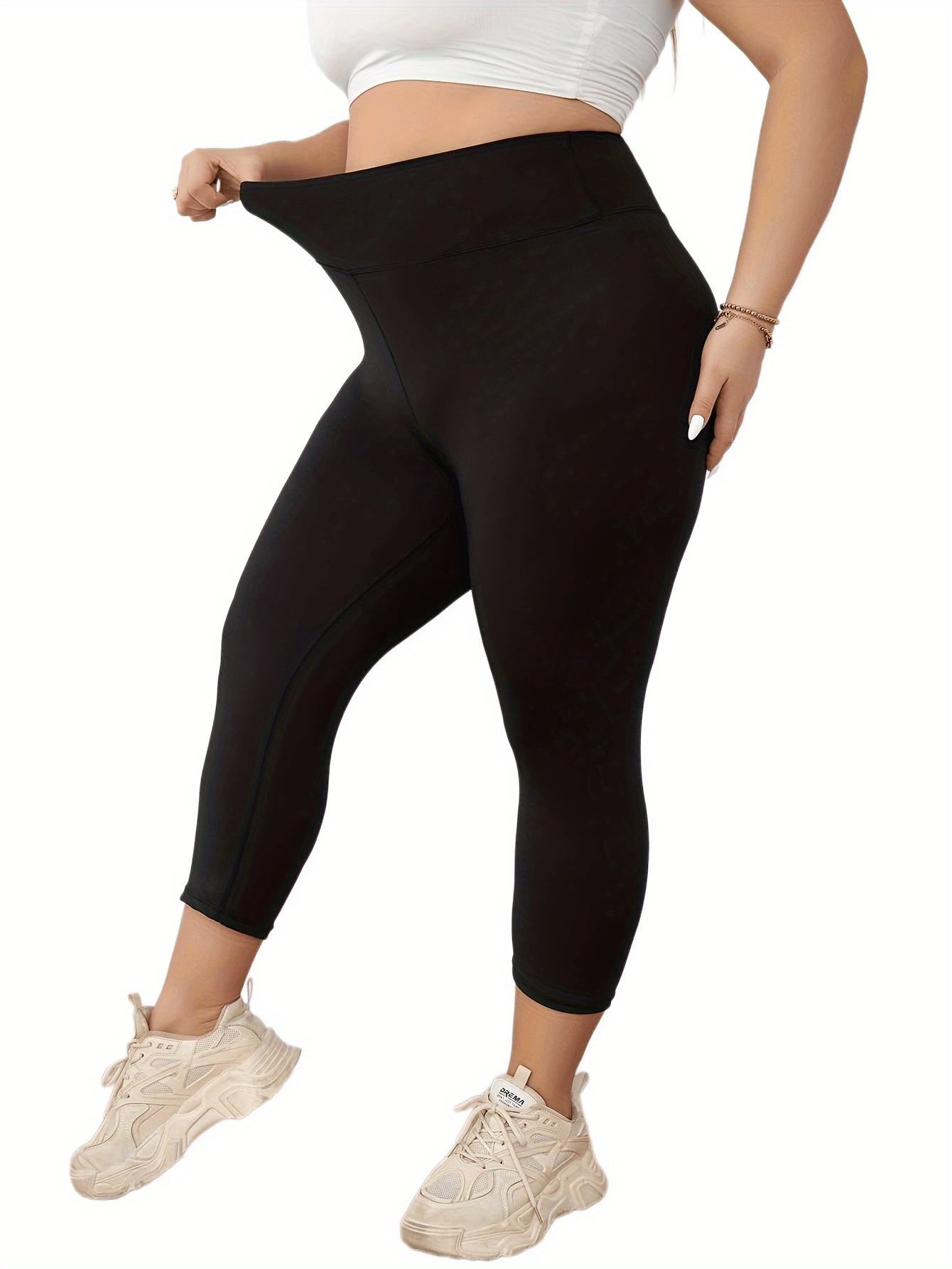 Plus Size Women Capri Leggings High Stretch Solid Color 3/4 Length Yoga Pants