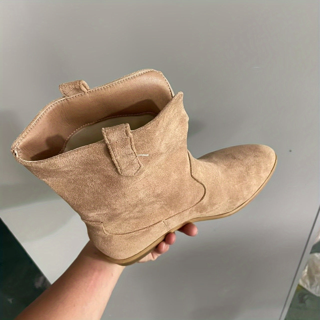 Women's Beige Slip-On Ankle Boots with Pointed Toe and Block Heel
