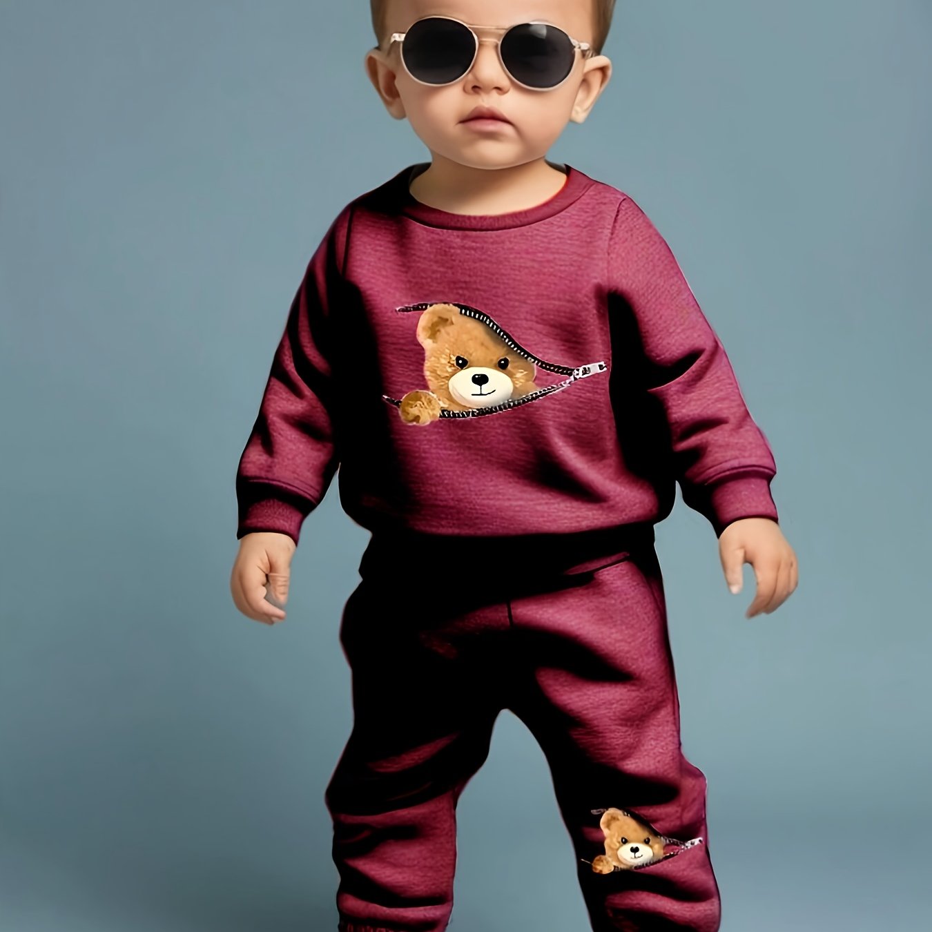 Baby Boys Hoodie and Sweatpants Set Autumn Winter Teddy Bear Print Polyester Comfortable