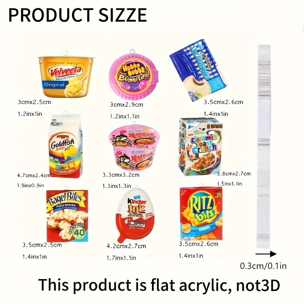 Juego de 9 llaveros de dibujos animados con temática de aperitivos para mujeres y niñas, charms de acrílico para mochilas