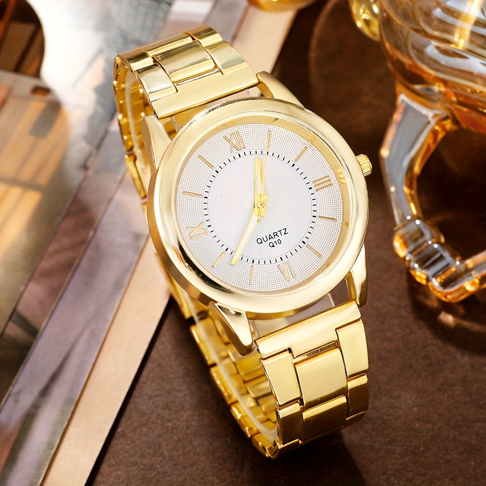 Набор из 6 золотых кварцевых часов с алюминиевым ремешком, корпусом, стрелкой и браслетом, ожерельем, серьгами, кольцом с стразами. Подарок для мамы.