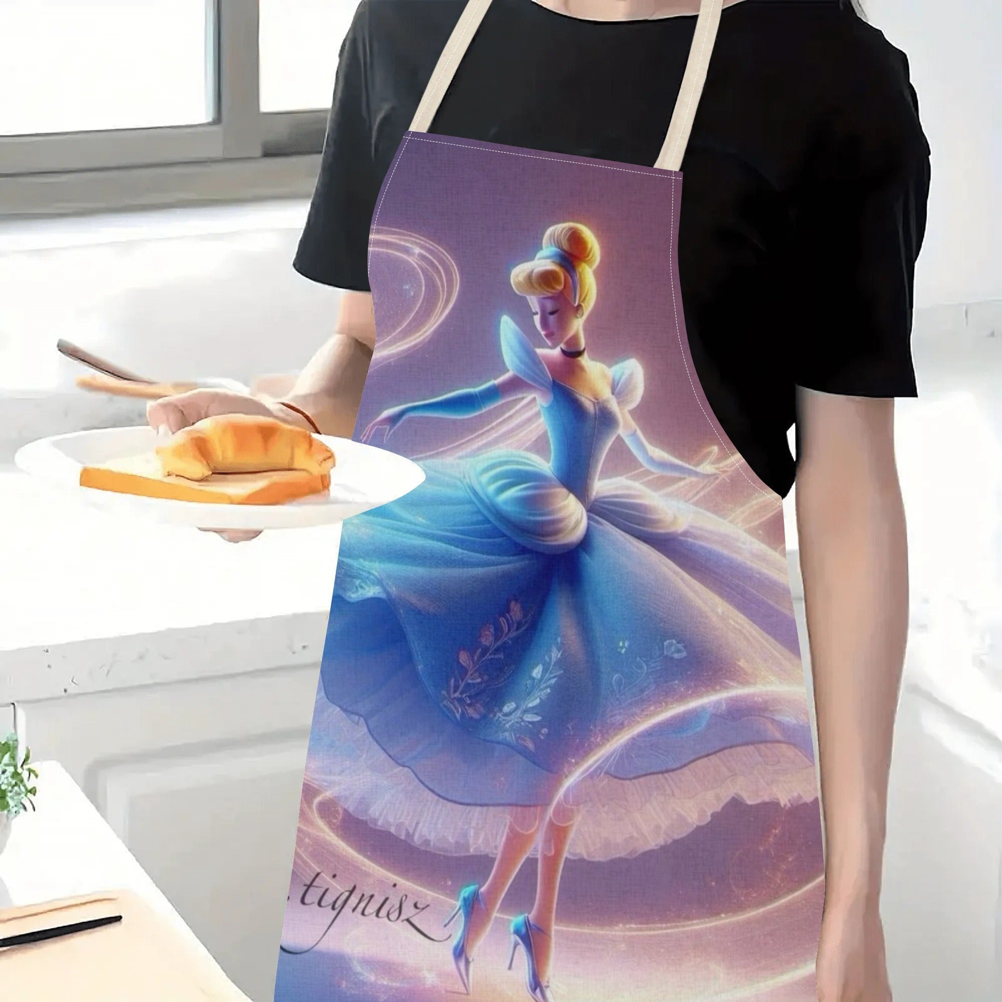 Suv o'tkazmaydigan apron, ko'k, Tanishma, multfilm, gul bilan bezatilgan polyester, oshxona va restoran uchun