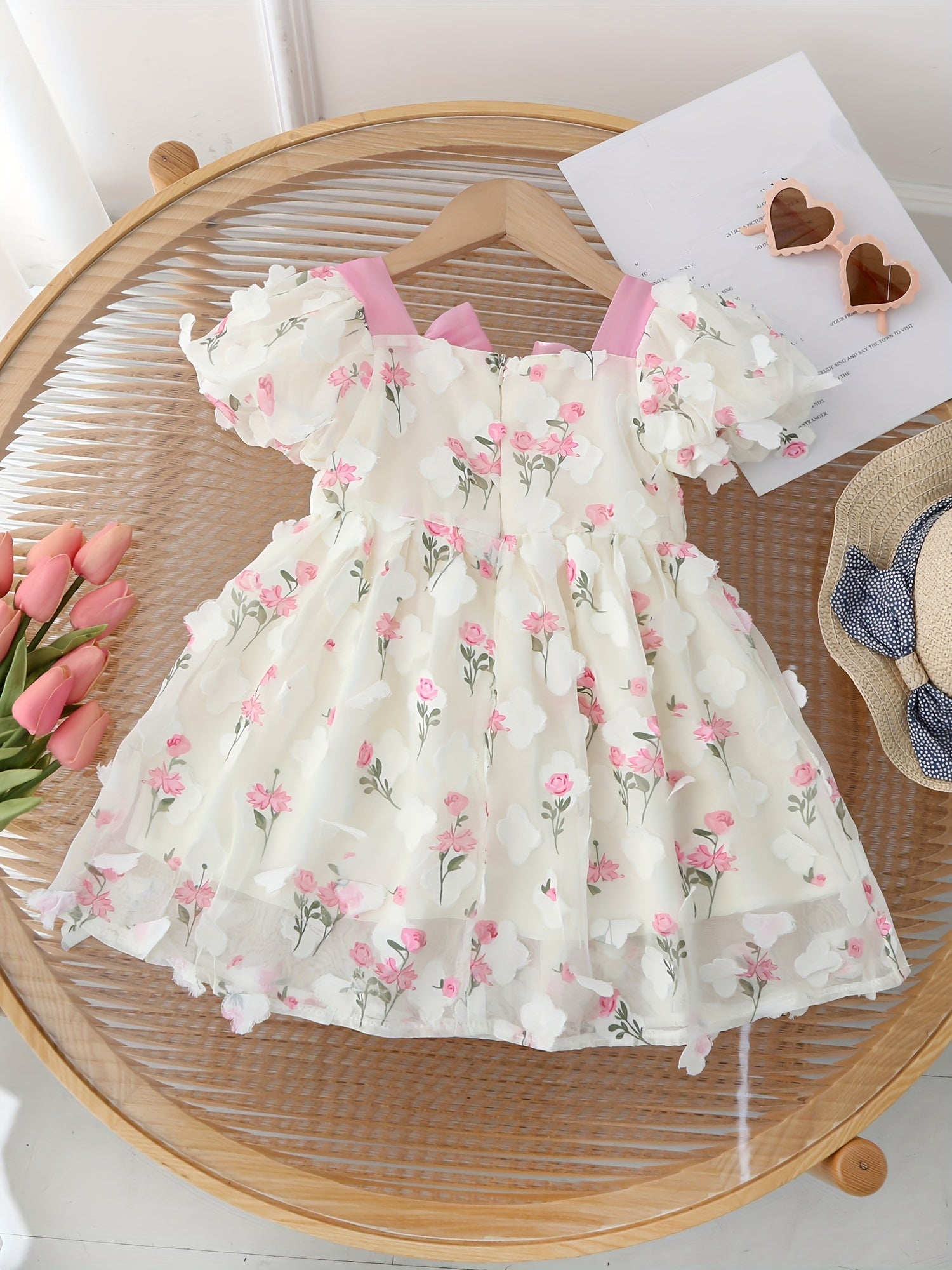 Girls Summer 3D Flower Princess Dress with Puff Sleeves and Bowknot for Birthday