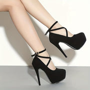 Women's Black Crossed Strap High Heels with Thin Stiletto Heel and Waterproof Platform