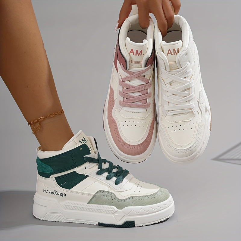 Women's White High-Top Sneakers, Fashionable Skateboarding Shoes