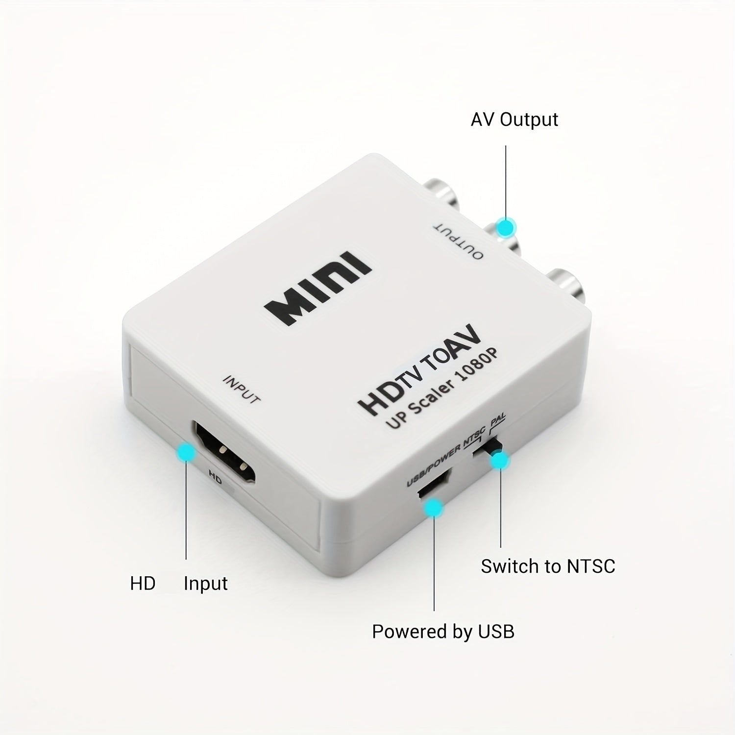 1080P RCA Adapter with USB Charging for PC Laptop HDTV DVD PAL NTSC Composite Video Audio White