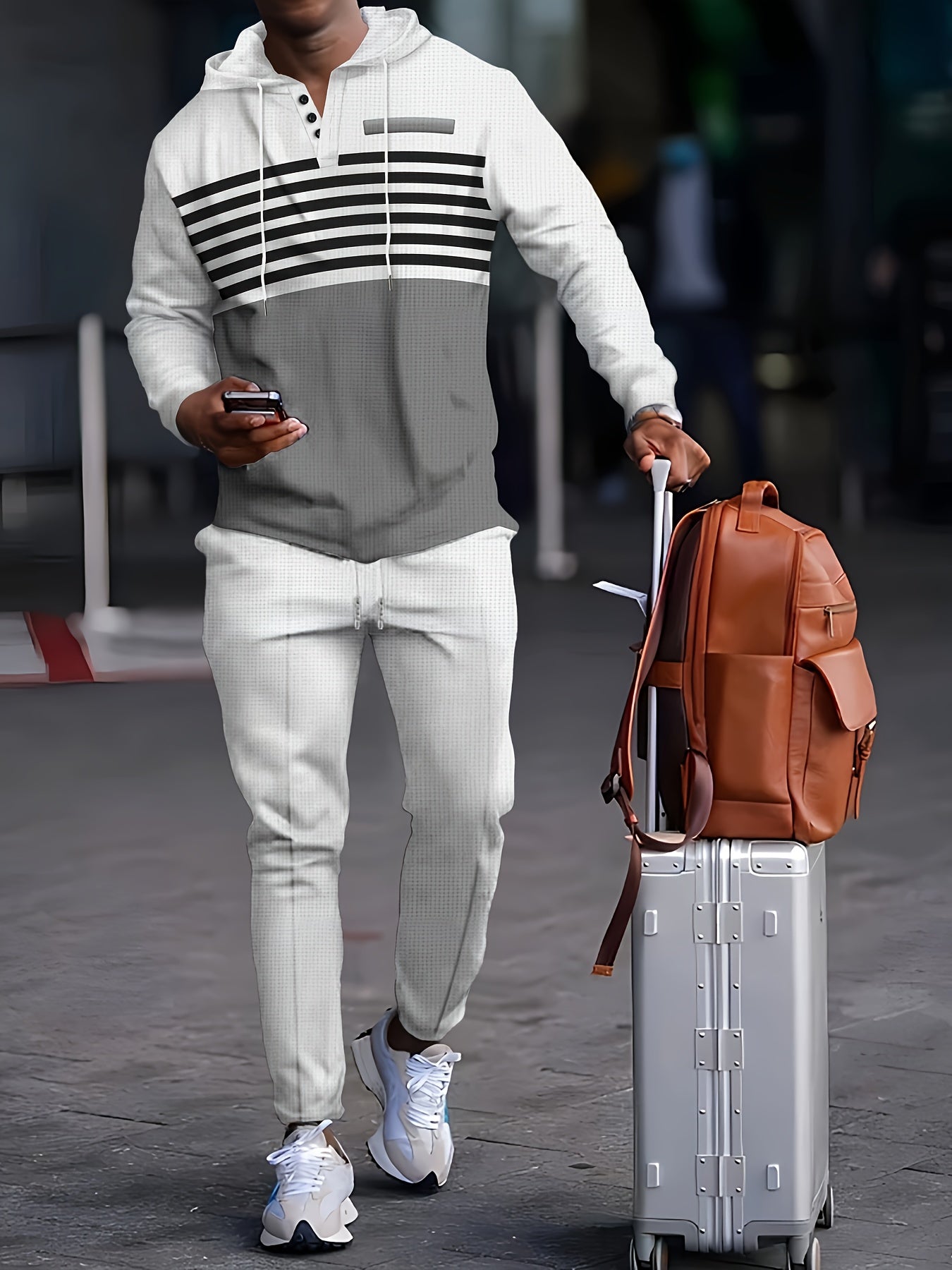 Autumn Waffle Striped Hooded Tracksuit Set for Outdoor Sports and Casual Wear