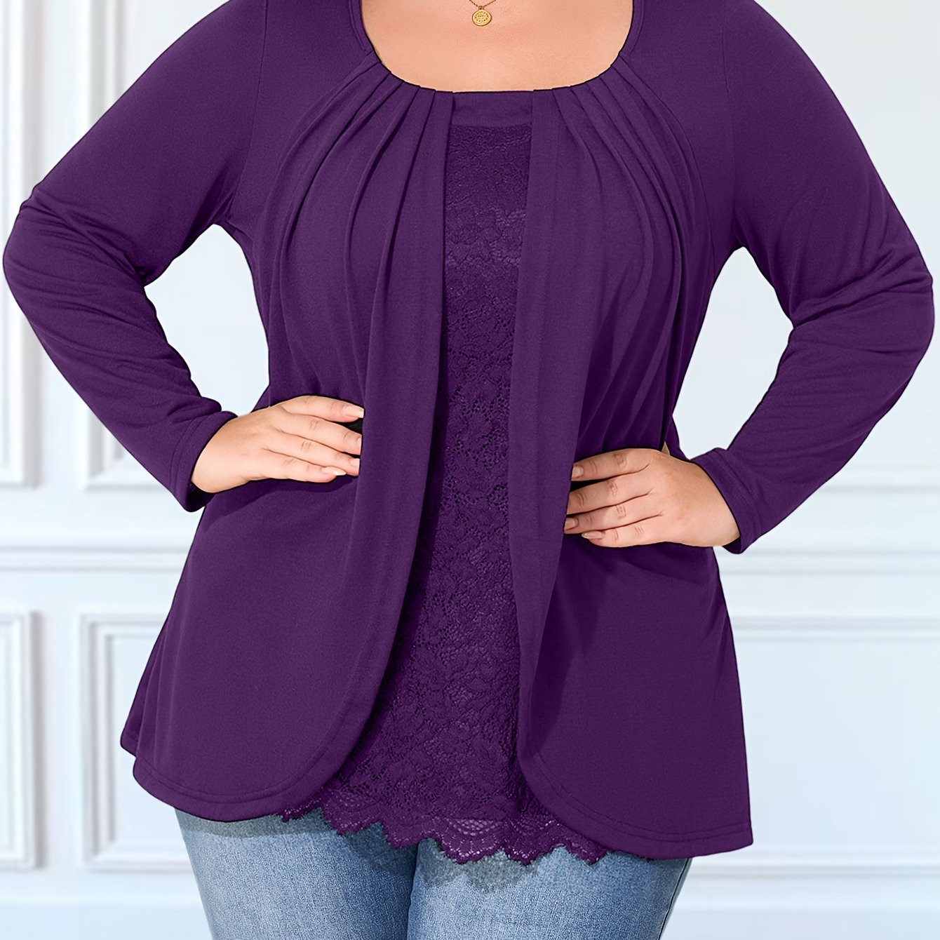 Plus Size Women's Lace Trim Pleated Long Sleeve T-Shirt Casual Summer Opaque