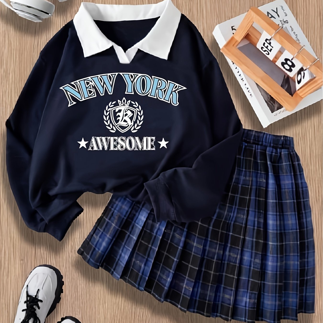Girls Teen Fall Winter Polyester Sweatshirt and Plaid Skirt Set with Rib-Knit Detail