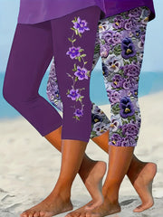 Leggings de mujer talla plus con capri, pack de 2, estampado floral, poliéster elástico con elastano