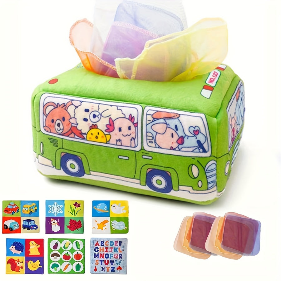 Yumshoq mato bolalar uchun tissue qutisi o'yinchoq, sezgirlik o'yini uchun, krinkli ovozli, ko'p rangli transport vositasi, 0-3 yosh