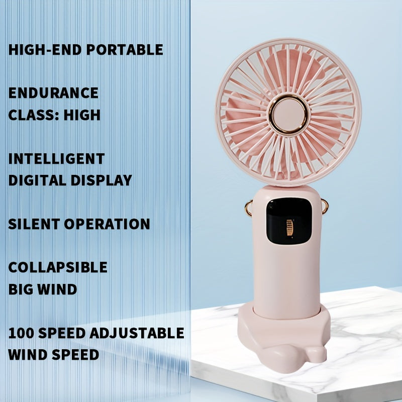 Handheld Fan with Phone Holder, Portable LED Display, Foldable, Adjustable Speeds