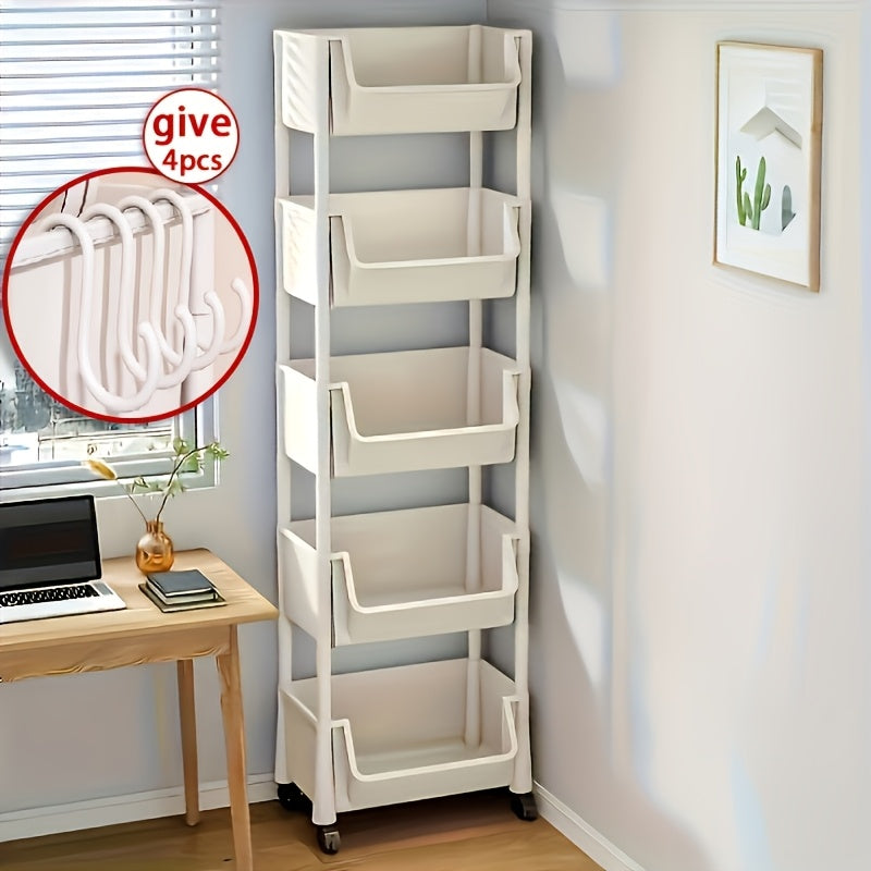 5-Tier Plastic Storage Organizer Rack with Hanging Hooks for Kitchen Office