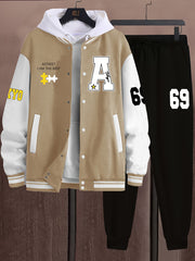 Men's Polyester Casual Athleisure Set with Color Block Varsity Jacket and Joggers for Fall Winter