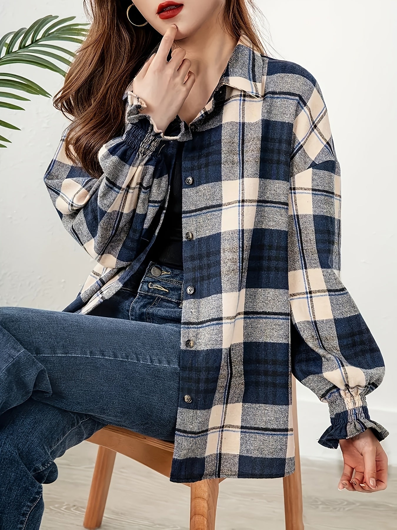 Plus Size Women's Plaid Long Sleeve Button-Up Shirt Casual Fall Blouse
