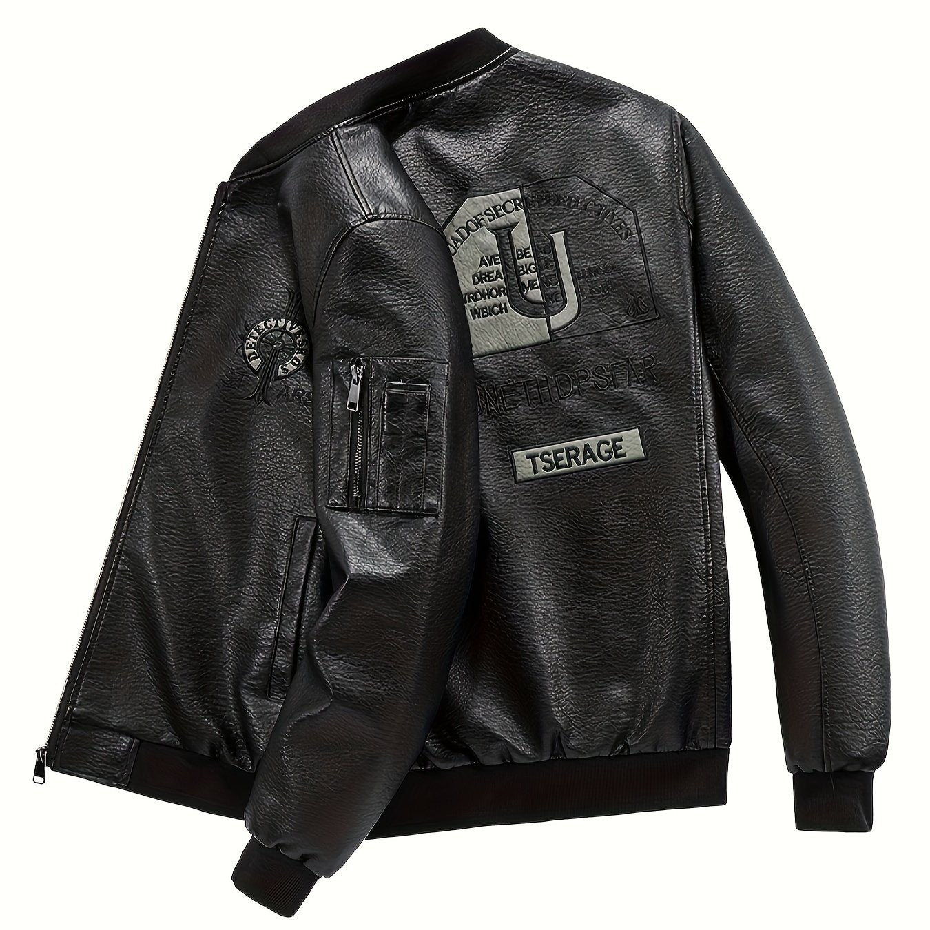 Vintage tikilgan PU charm ko'ylak, beysbol yelkasiga ega, zip-up old qismi, bir nechta cho'ntaklar va polyester astar bilan. Tasodifiy yoki mavzuli ko'rinishlar uchun ideal.