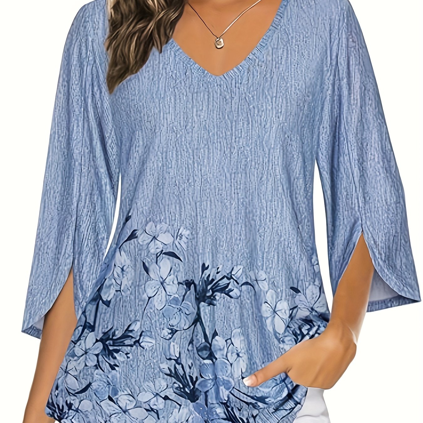 Women's V-Neck Longline Blouse with Floral Print, 3/4 Sleeves, Casual Fit