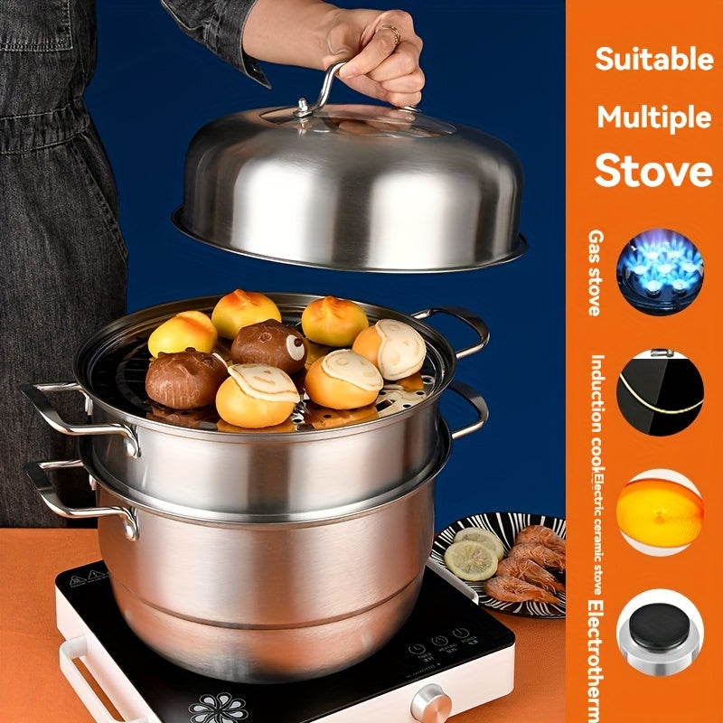 3-qavatli zanglamaydigan po'latdan yasalgan bug'langich qozon, 11 dyuym, ko'p maqsadli pishirish, sabzavotlar va manti uchun