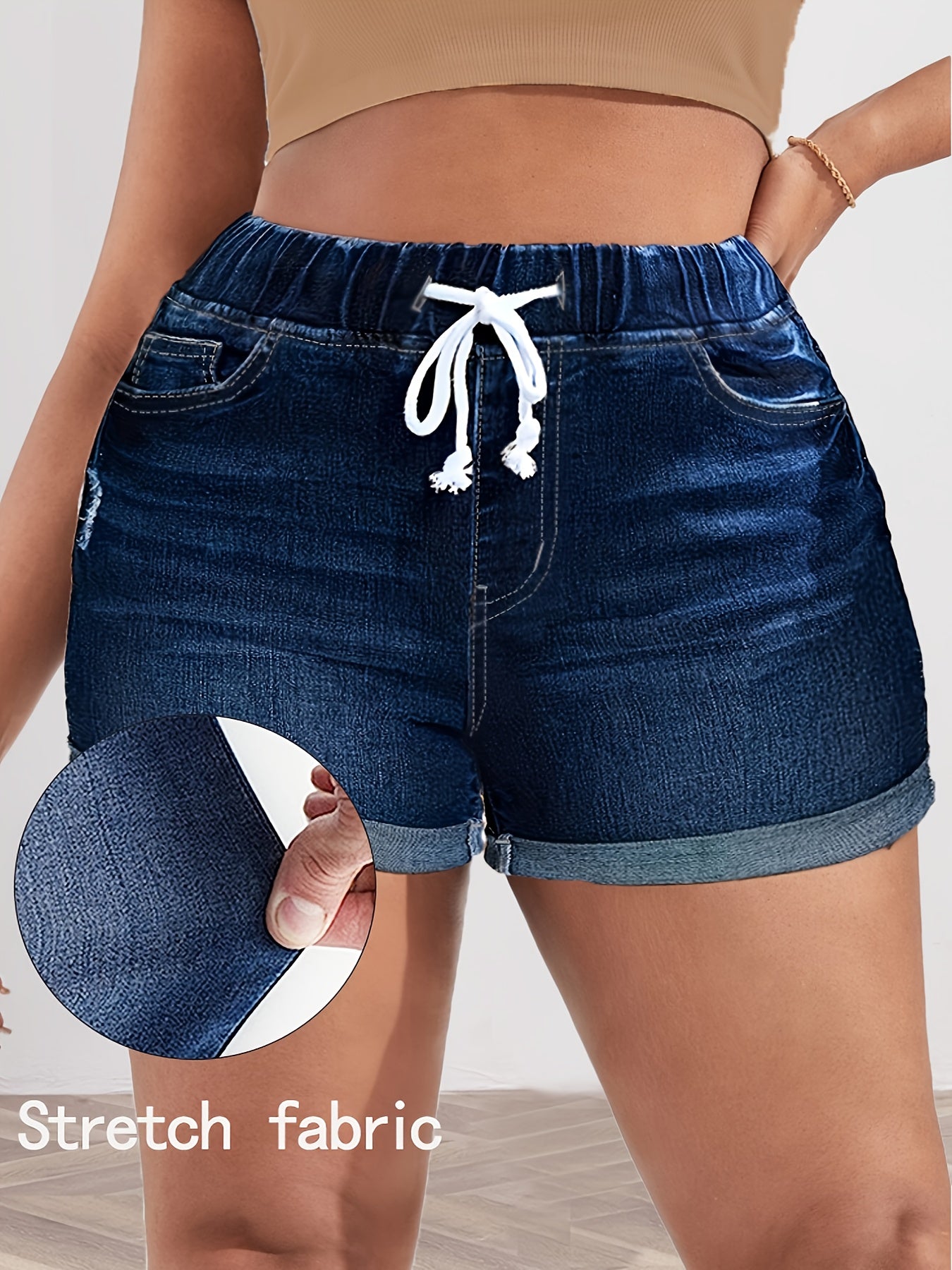 Pantalones cortos de mujer de talla grande con cintura elástica, cordón ajustable y tela stretch