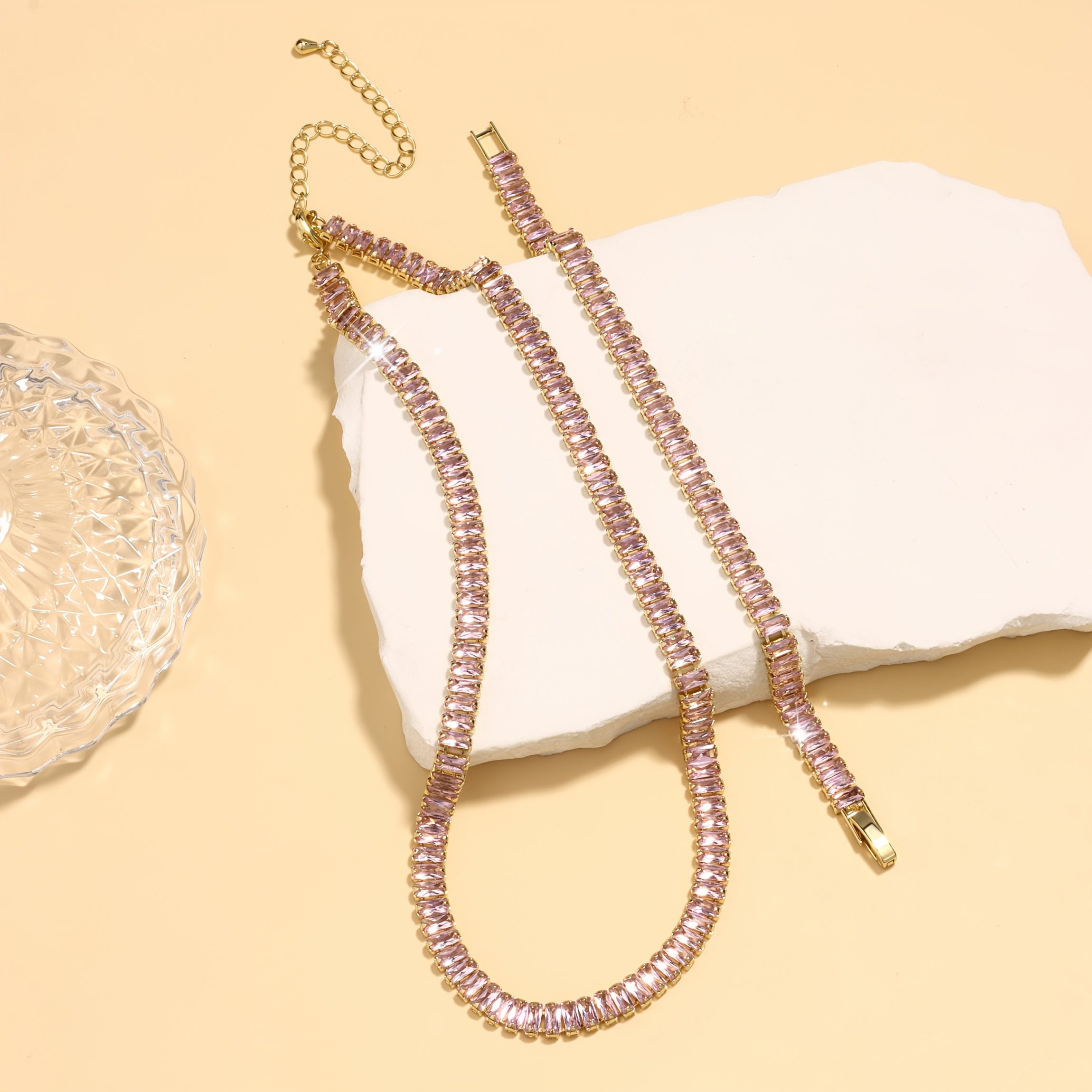 Ayollar uchun 18K oltin bilan qoplangan mis tennis bilagi va bilakuzuk to'plami, rang-barang kubik zirkoniy bilan