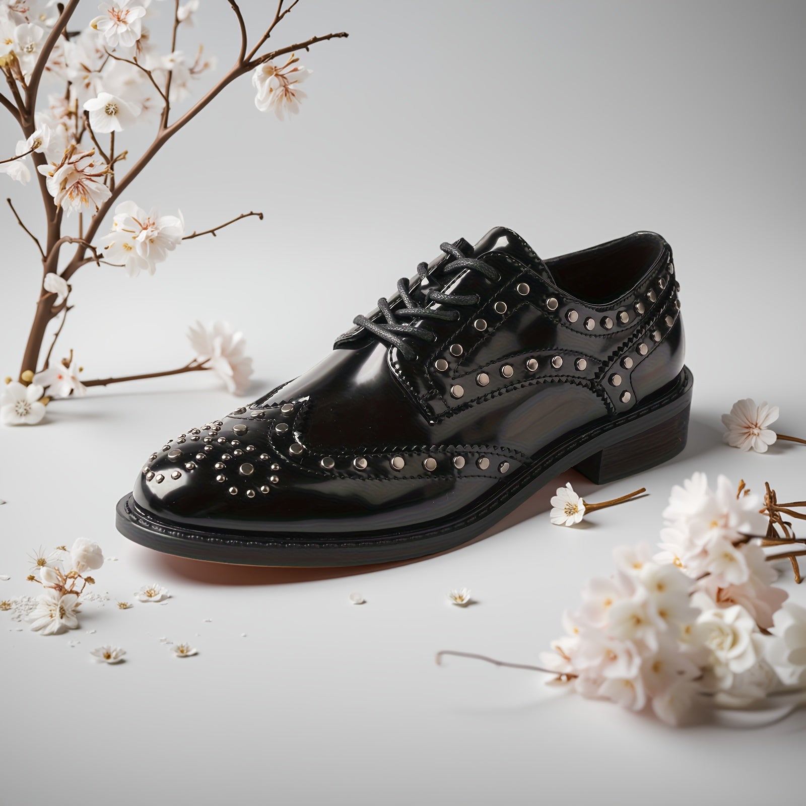 Women's Faux Leather Low Heel Oxford Shoes Black Brogue Flats