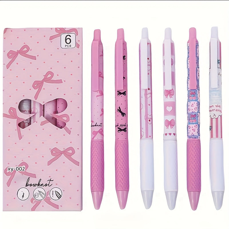 Set of 6 Pink Bowknot Gel Pens 0.5mm Fine Point for Office and School