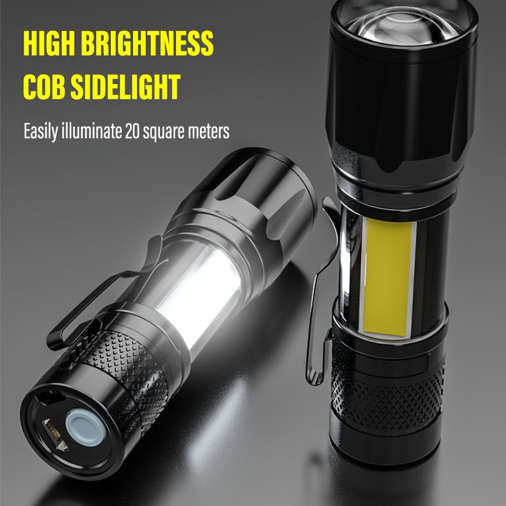 Mini LED Flashlight Rechargeable Portable Work Light with Zoom COB Side Light for Camping Hiking Outdoor