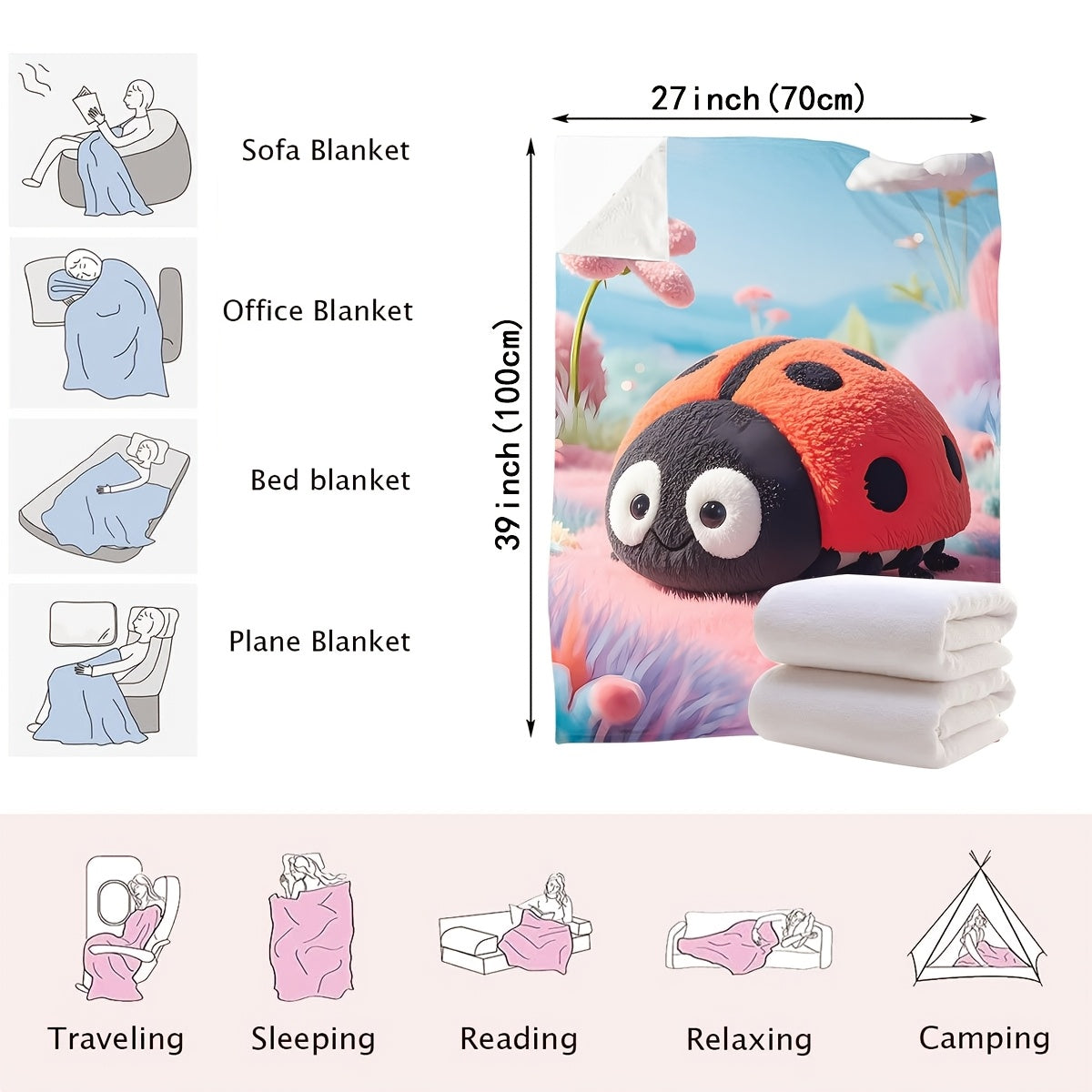 Ladybug Plush Throw Blanket All-Season Knit Soft Polyester for Kids and Home
