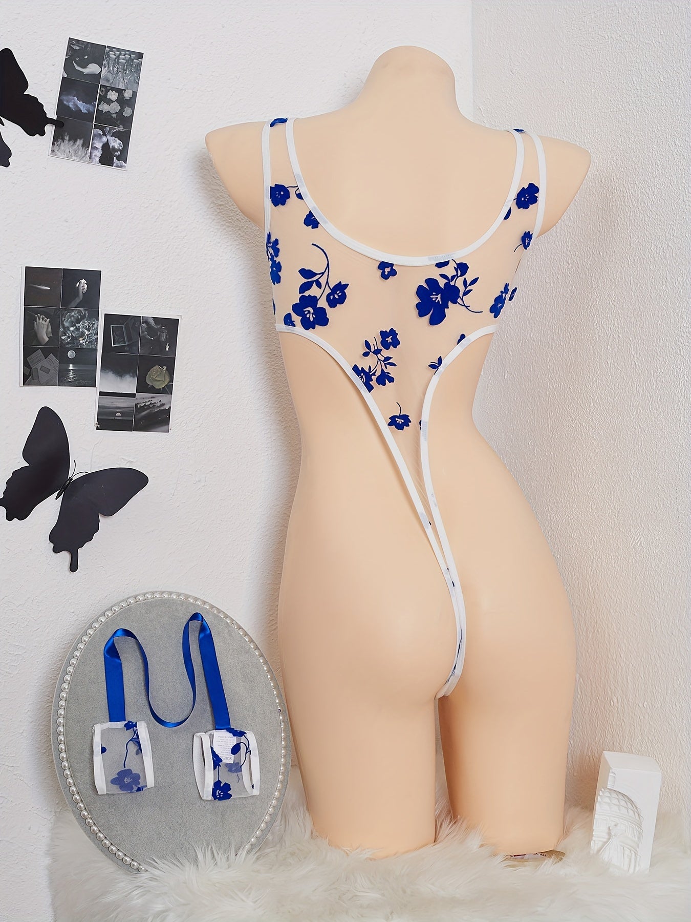 Women's Floral Embroidered Mesh Teddy with V-Neck and Backless Design for Parties