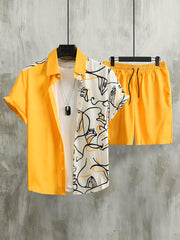 Men's Beige Geometric Pattern Polyester Shirt and Shorts Set All-Season Casual