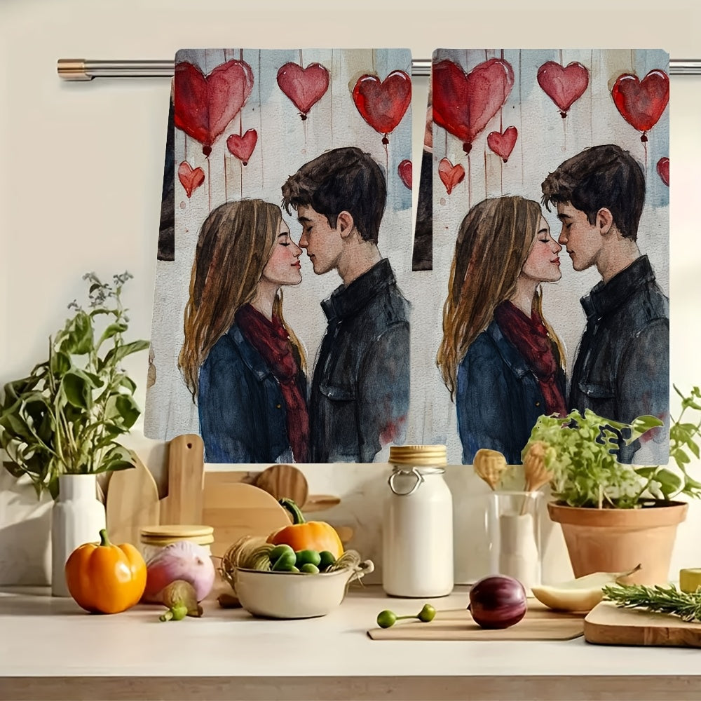 2 ta Ultra Soft oshxona sochiqlari to'plami - Yosh sevgililar bilan romantik Valentin kuni mavzusi, a'lo darajada oson yutish va mashinada yuviladigan idish qo'l sochiqlari, Zamonaviy akvarel dizayni, o'lchami: 40.64x60.96 sm, oshxona idish sochiqlari