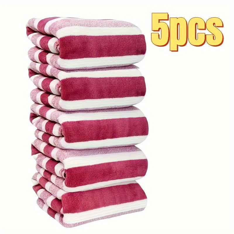 Soft Coral Fleece Towel Set 5 Pieces Quick-Dry Striped Polyester 280gsm