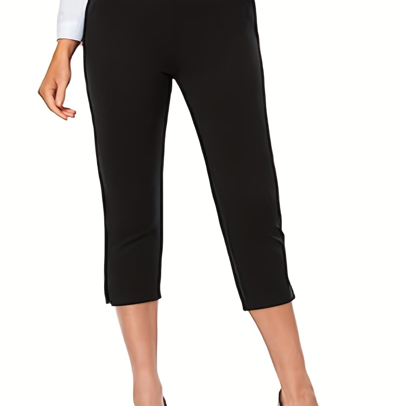 Pantalones capri de talla grande para mujer, de color sólido, de tiro alto y con elasticidad media