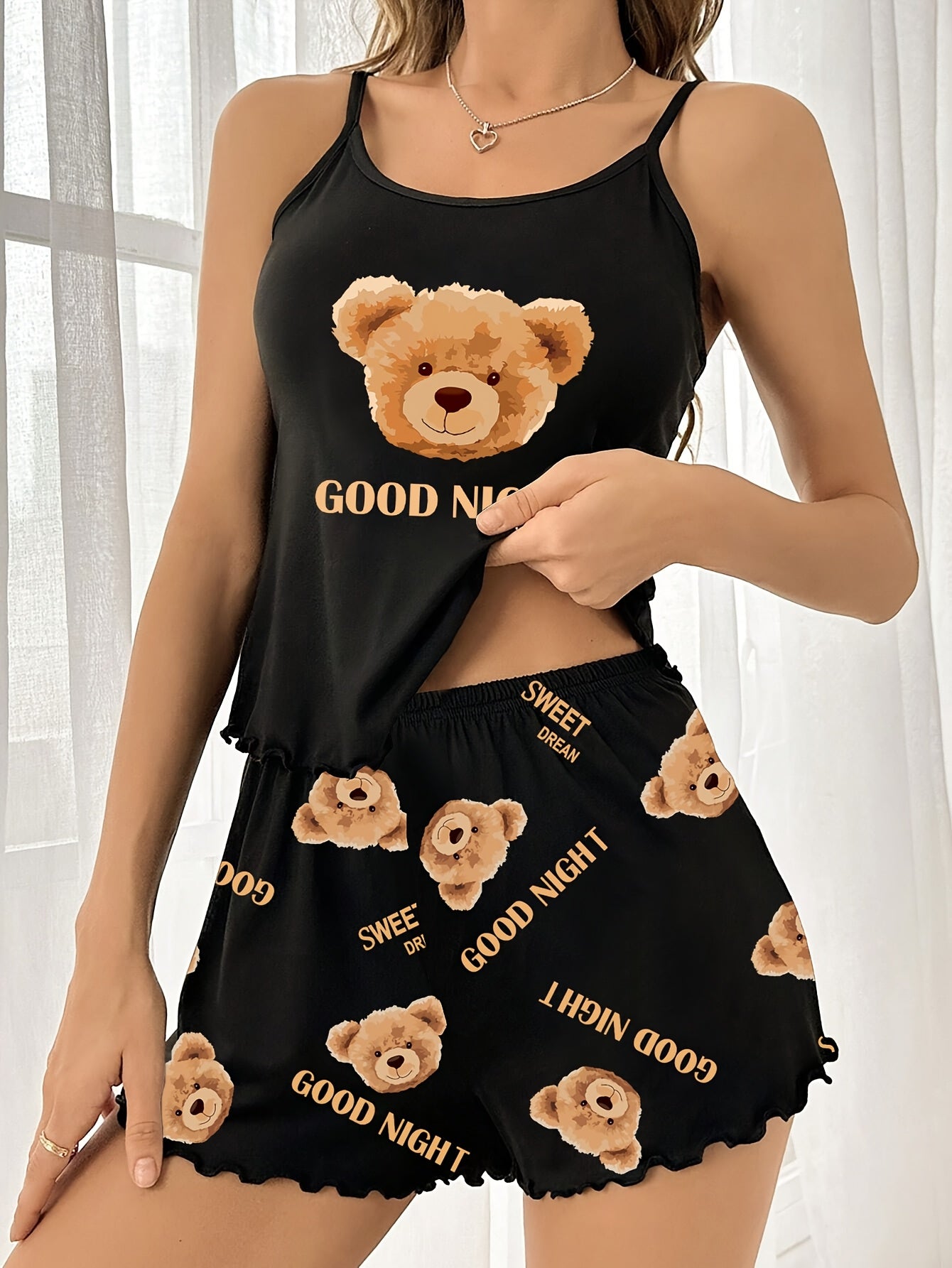 Adult Cartoon Teddy Bear Pajama Set with "Good Night" Lettering Polyester Knit All-Season