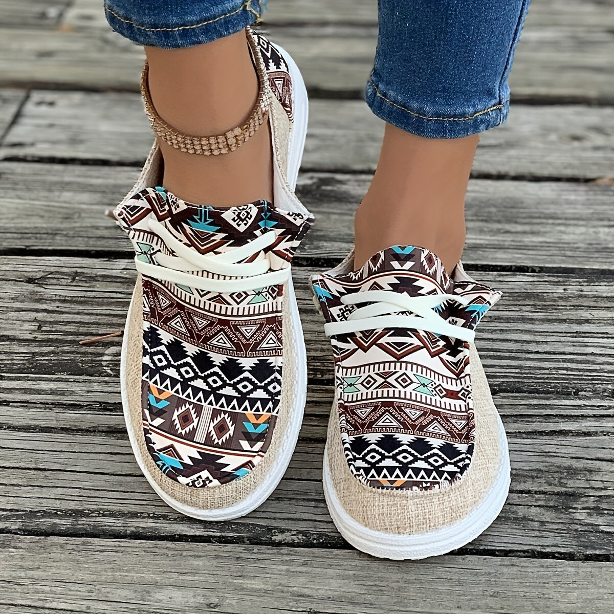 Women's Canvas Sneakers, Geometric Pattern, Casual Low Top Shoes