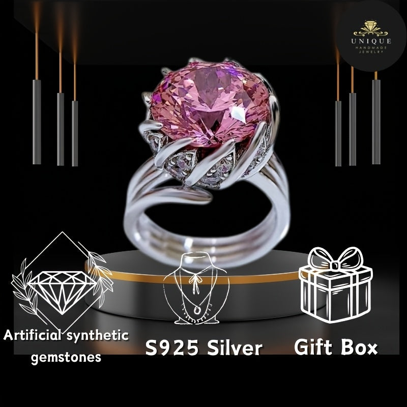 Sterling Silver Lotus Flower Ring with Pink Synthetic Gemstone 7.5 Carats Gift Box