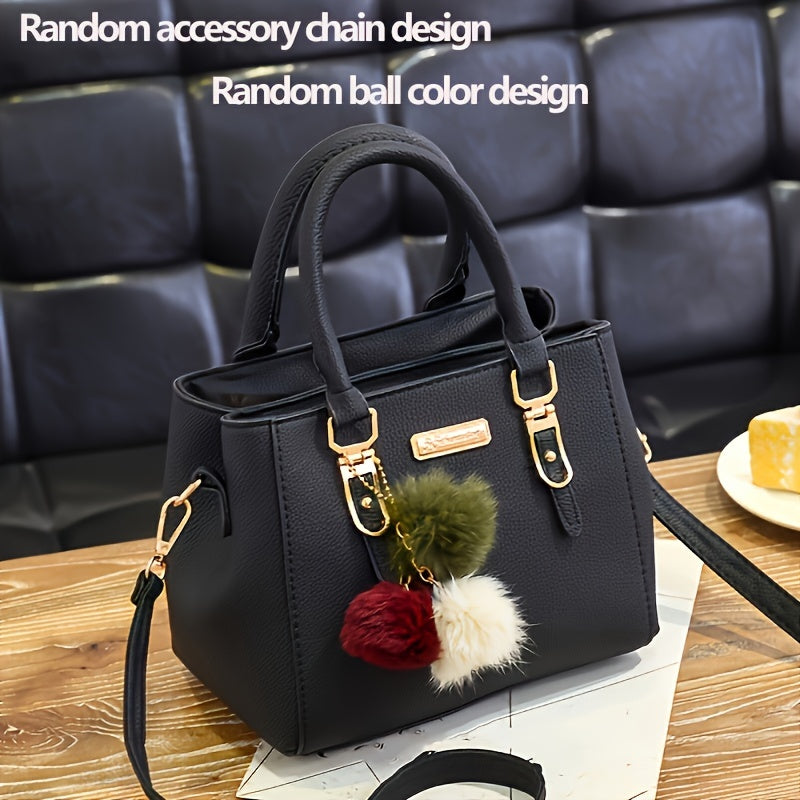 Black PU Handbag with Gold Hardware and Ball Charm for Women Crossbody Shoulder Bag for Travel Casual Use